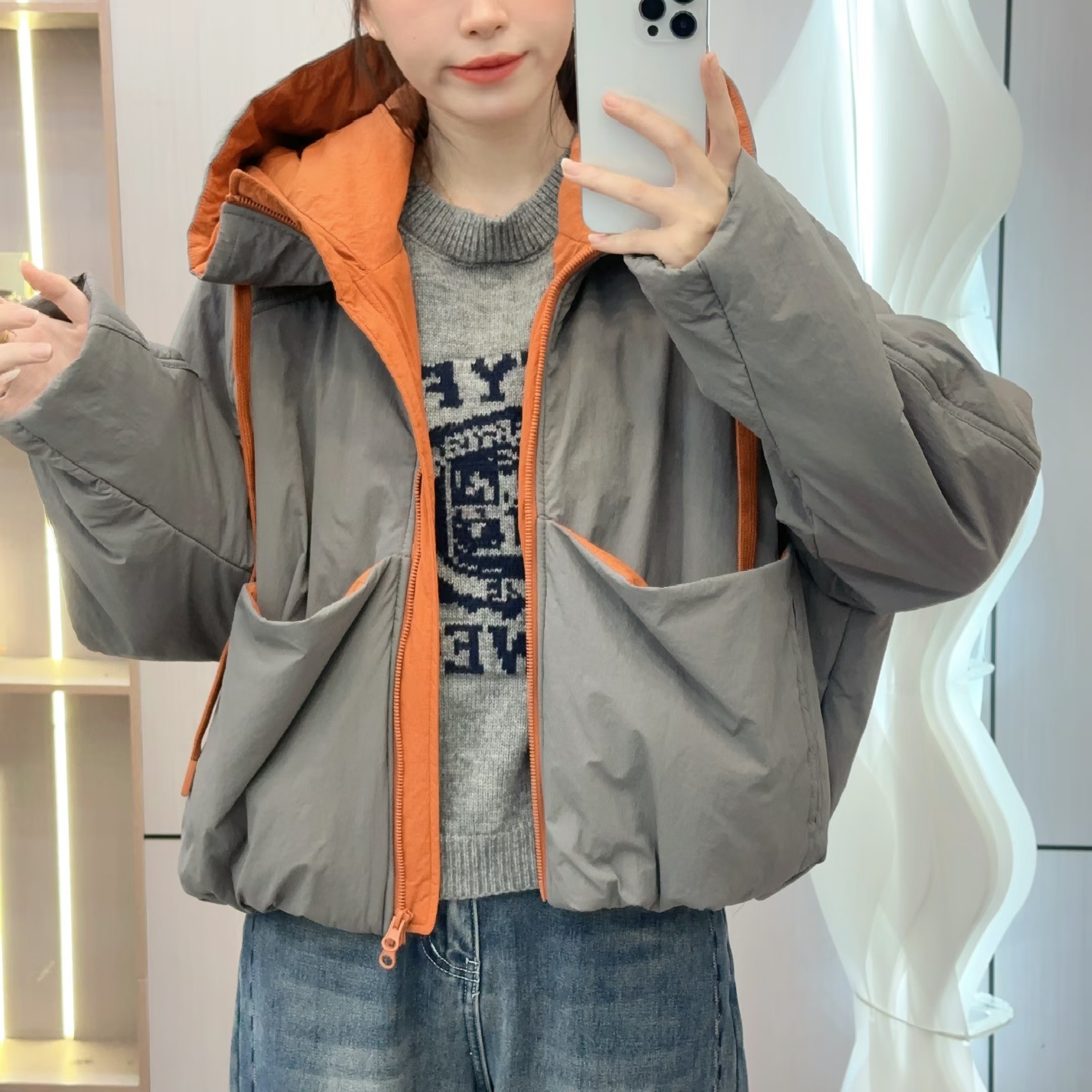 7455 GY纯色宽松女连帽棉衣韩版防风棉服加厚休闲秋季时尚