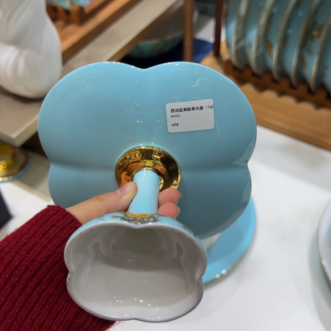 默***丫玻璃福利高脚果盘西湖蓝