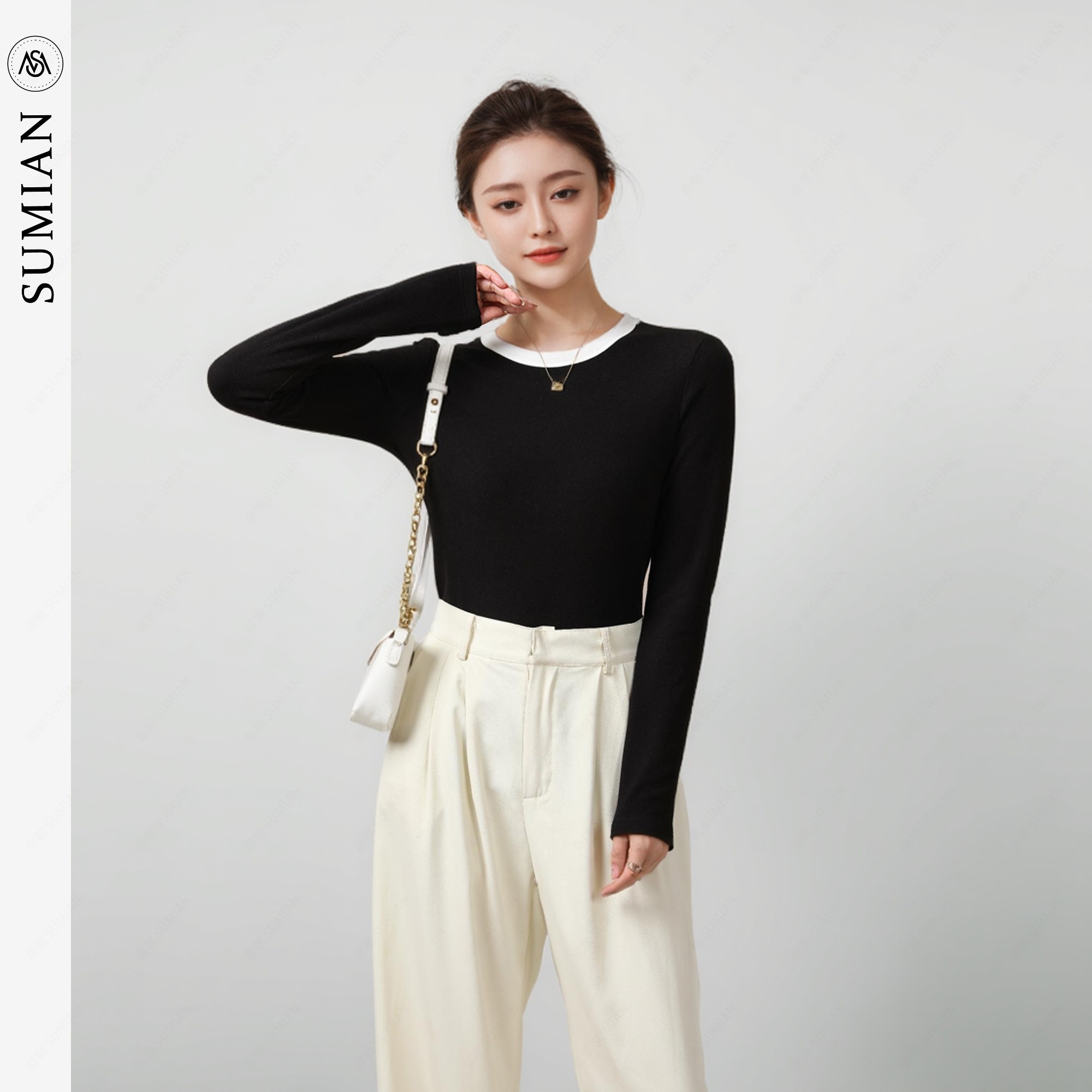 秋冬新款轻八度圆领撞色暖绒长袖时尚气质百搭打底衫9969