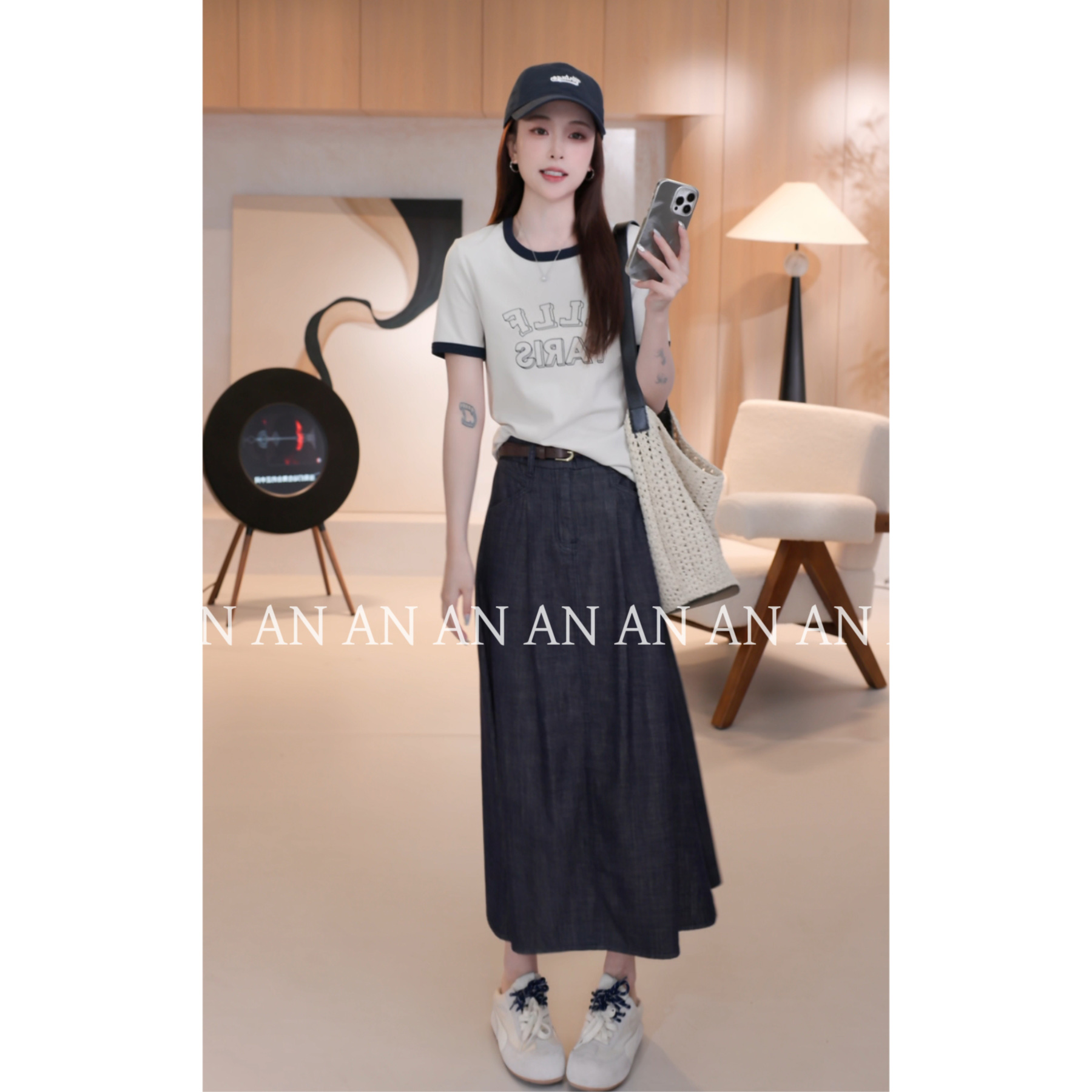 C04218设计感休闲小个子宽松撞色正肩字母印花短袖T恤