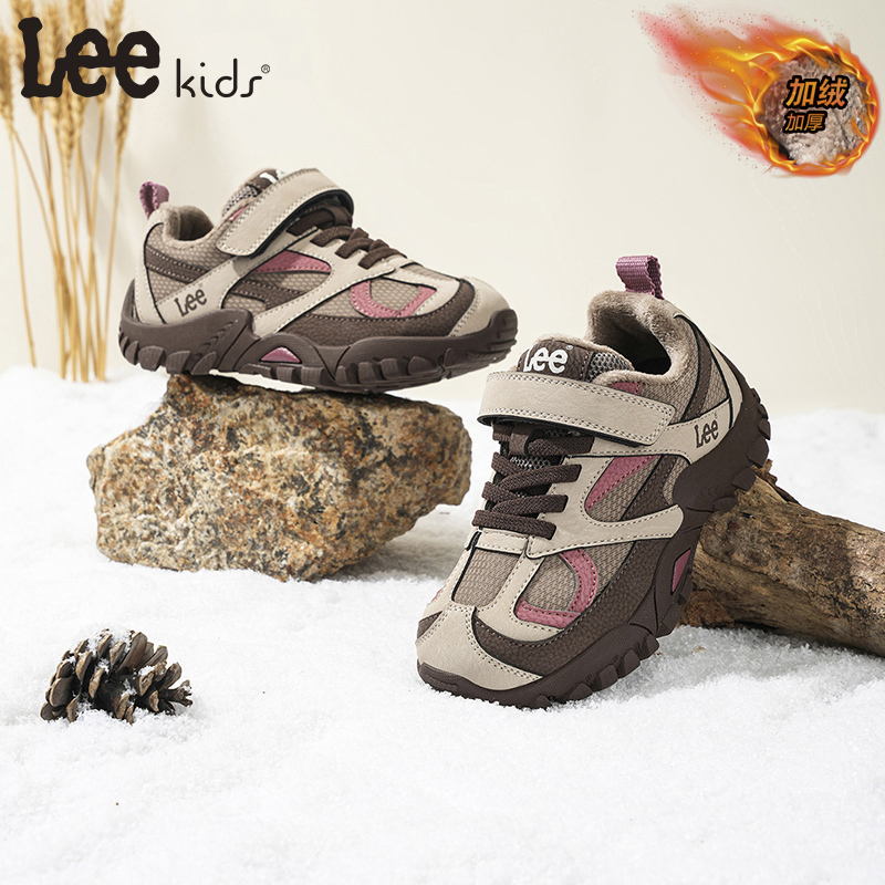 Leekids冬季新款儿童皮面加绒运动鞋防滑保暖中大童老爹鞋户外鞋