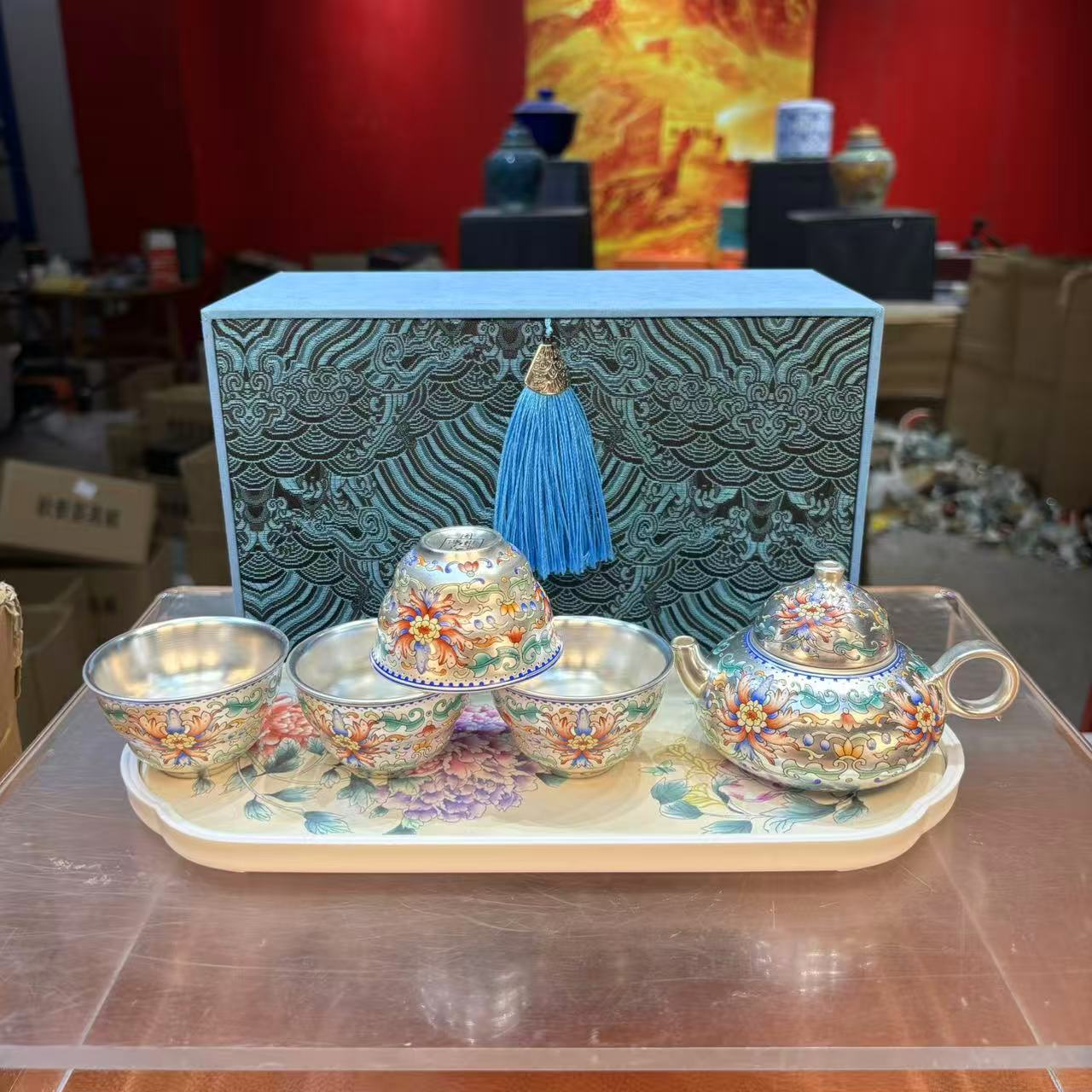 秋香茶具 宝相花斗彩诗婷银壶一壶四杯+礼盒套装家用功夫茶具6310