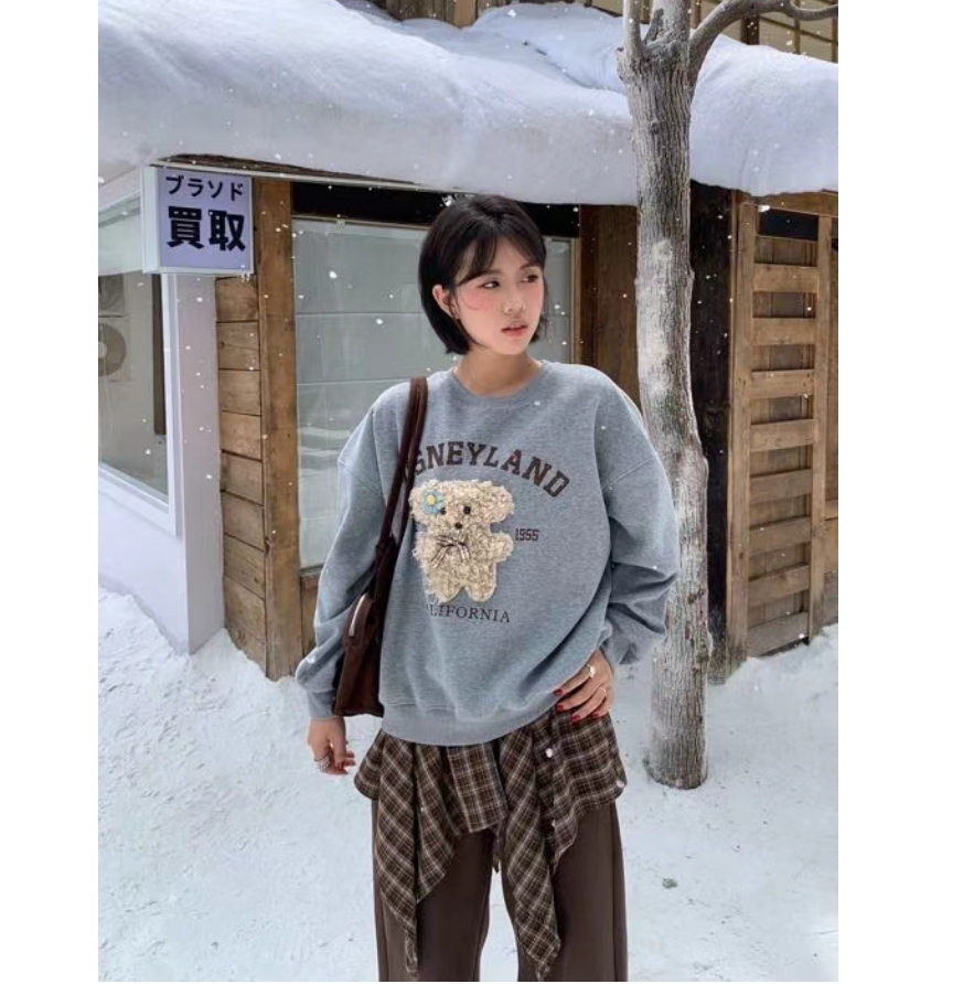 Rainbow-99377#加绒韩系圆领套头立体毛绒小熊卫衣