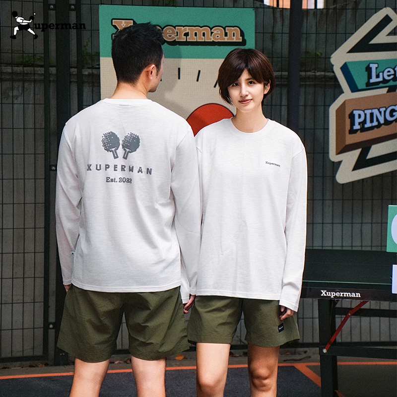 Xuperman球拍印花竹节棉长袖T恤松弛慵懒宽松打底衫纯棉上衣情侣
