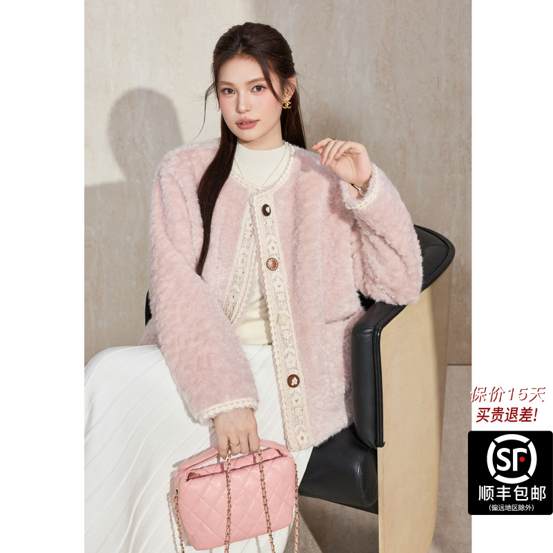 蓝语大码名媛气质蕾丝环保皮2025冬季新款女装加厚小香风短外套