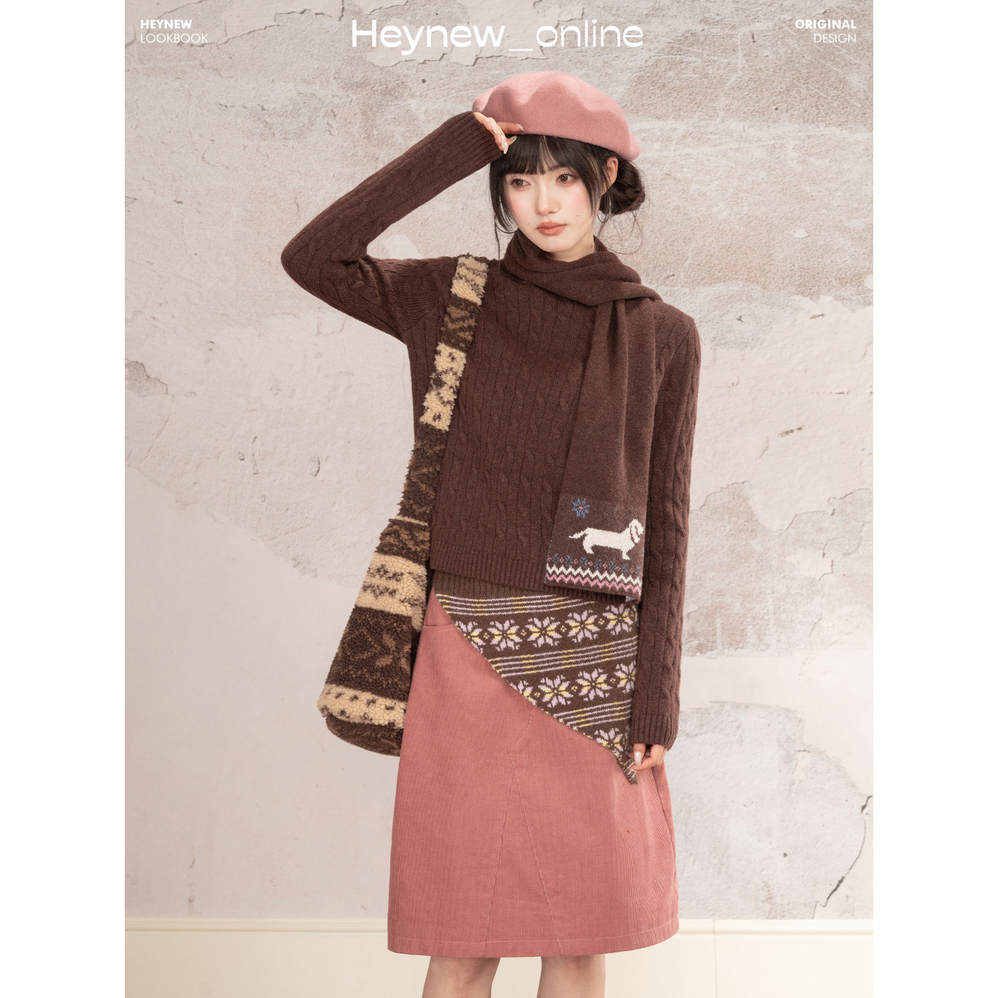 【HEYNEW黑妞】复古咖色粗花针织圆领套头毛衣女冬美拉德毛衣5D579