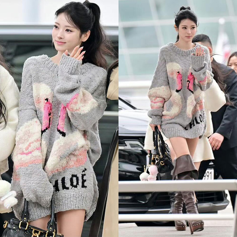 田中杏奈同款宽松慵懒风毛衣设计感火烈鸟提花套头针织上衣