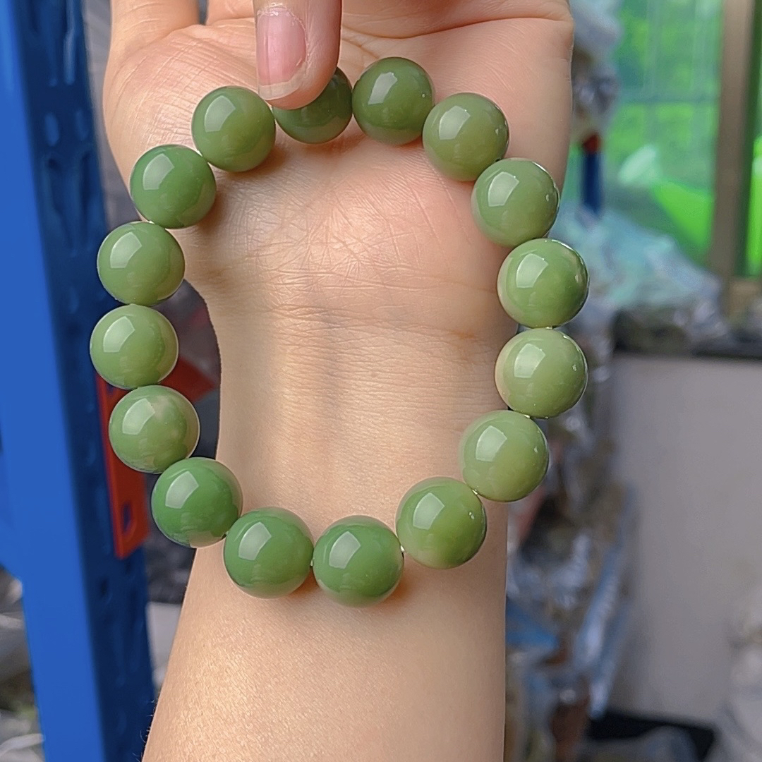 【F04】13mm 绿阴皮圆珠单圈手串天然菩提根手串