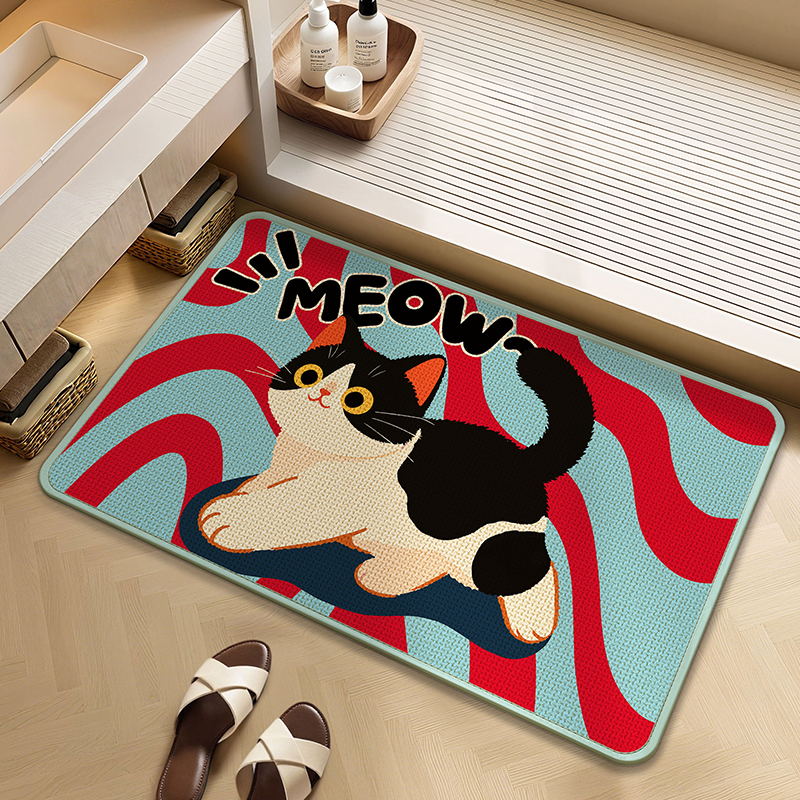 撞色喵喵亚麻编织卫生间地垫浴室防滑吸水地毯厕所洗手间速干脚垫