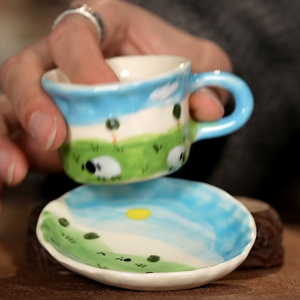 喝茶小黑猫手工手捏可爱创意陶瓷杯手绘