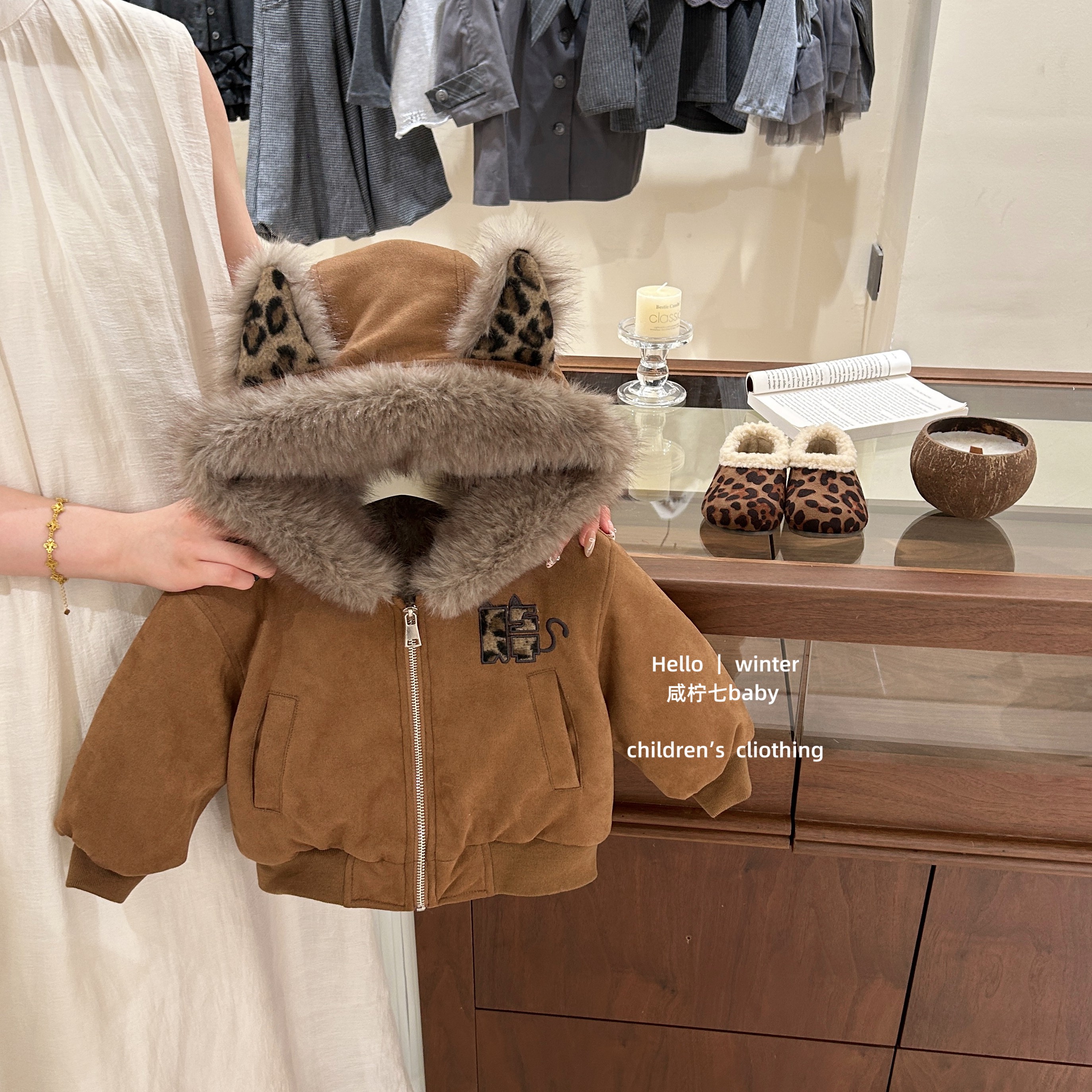 小恶魔豹纹原创男女宝宝女童超萌加绒加厚外套男童秋冬保暖连帽衫