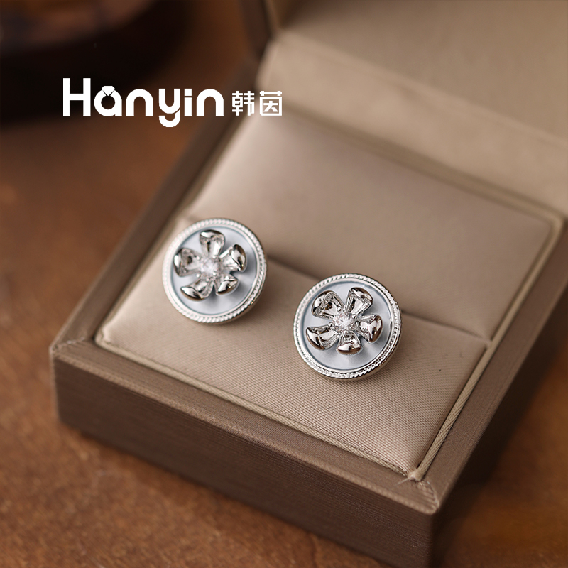 铜合金合成锆石耳饰 925银针花朵双层文艺复古耳环轻奢时尚耳饰