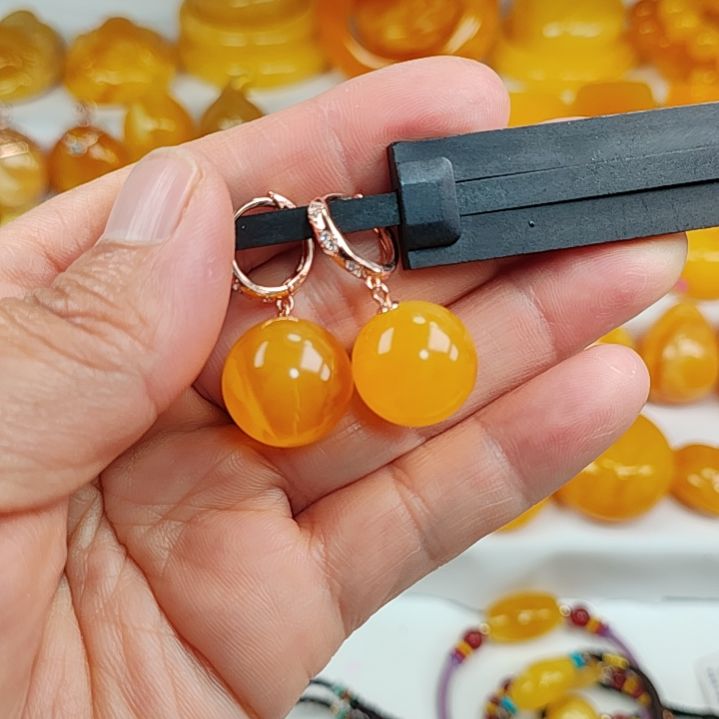 蜜蜡耳饰银S925镀金镶嵌