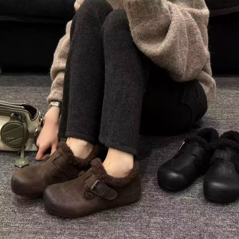 卓诗尼芙妮法式魔术贴豆豆鞋加绒保暖乐福鞋复古百搭厚底妈妈女鞋