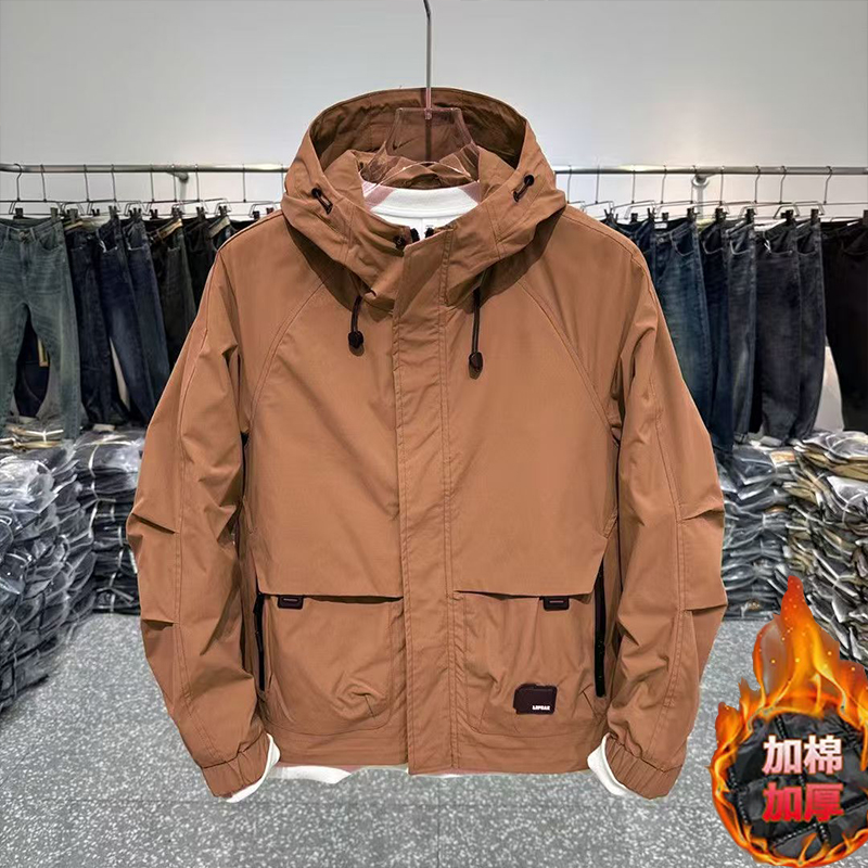 高级感外套男春秋冬加棉加厚休闲连帽夹克防水冲锋衣上衣服痞帅潮