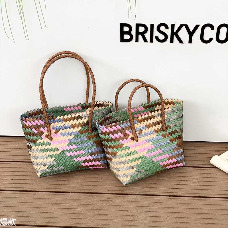 复古仿藤大容量编织包伴手礼菜篮子包包女手提包度假草编托特包