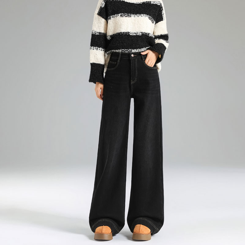 高个子冬季加绒高腰女牛仔裤加长大码阔腿裤直筒裤长裤黑色拖地裤