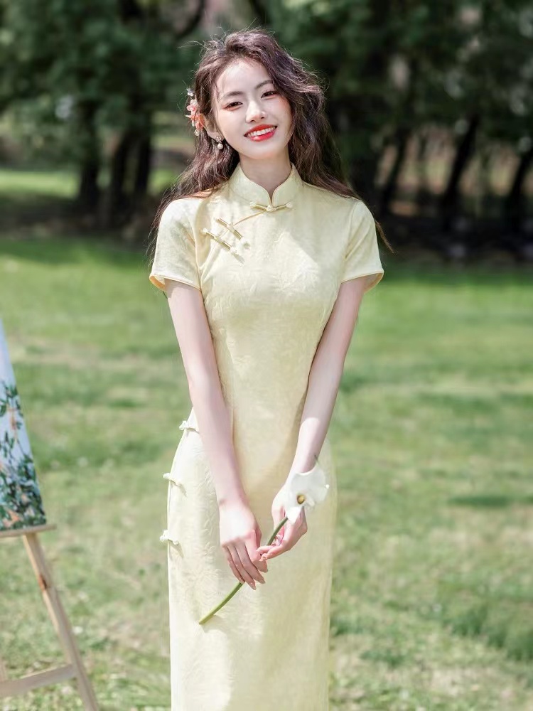 475-清新 黄色 爆款 提花 改良 旗袍