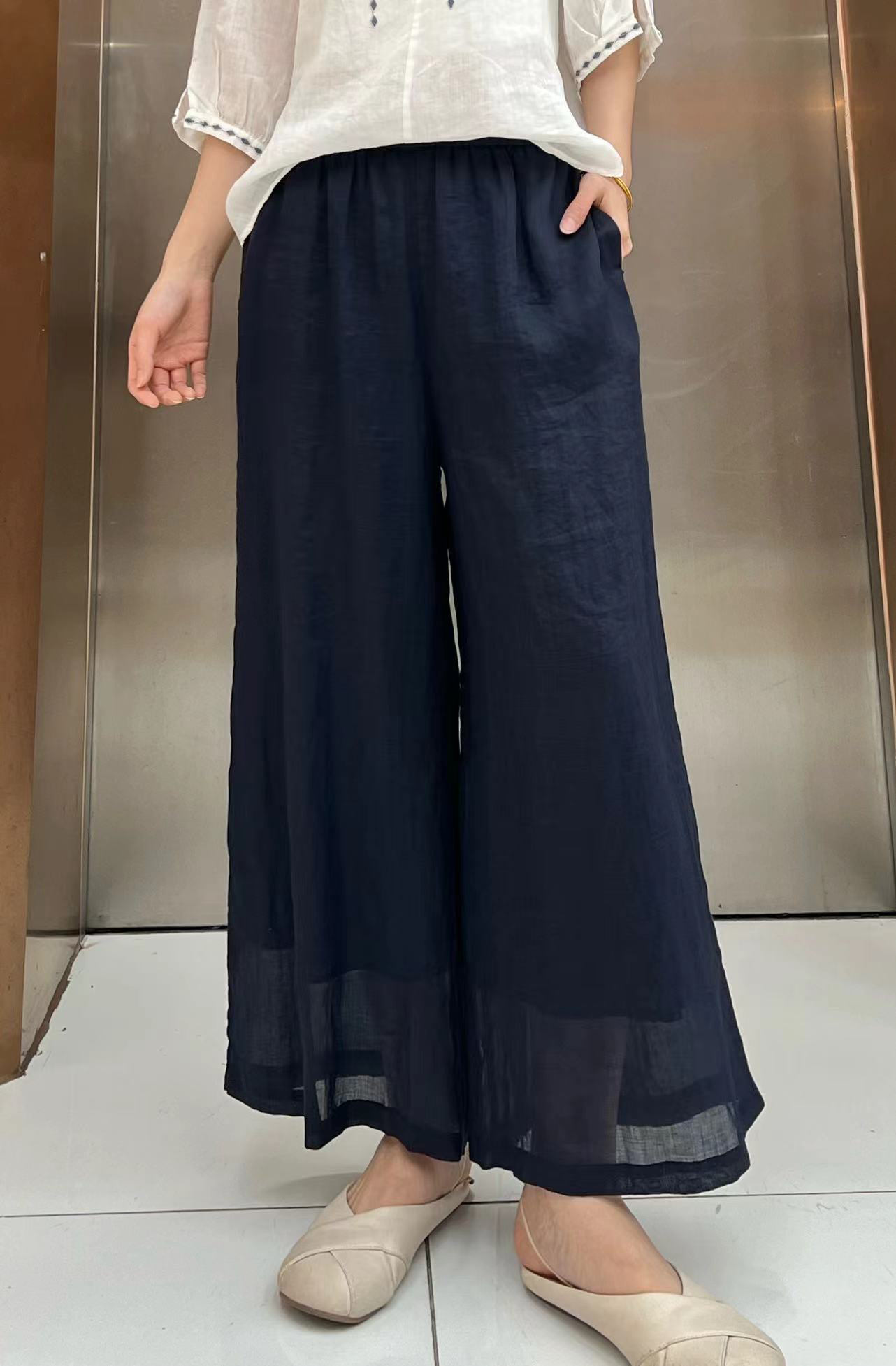 2025（艾美）女士苎麻裤——时尚休闲绿色蓝色纯色气质设计师