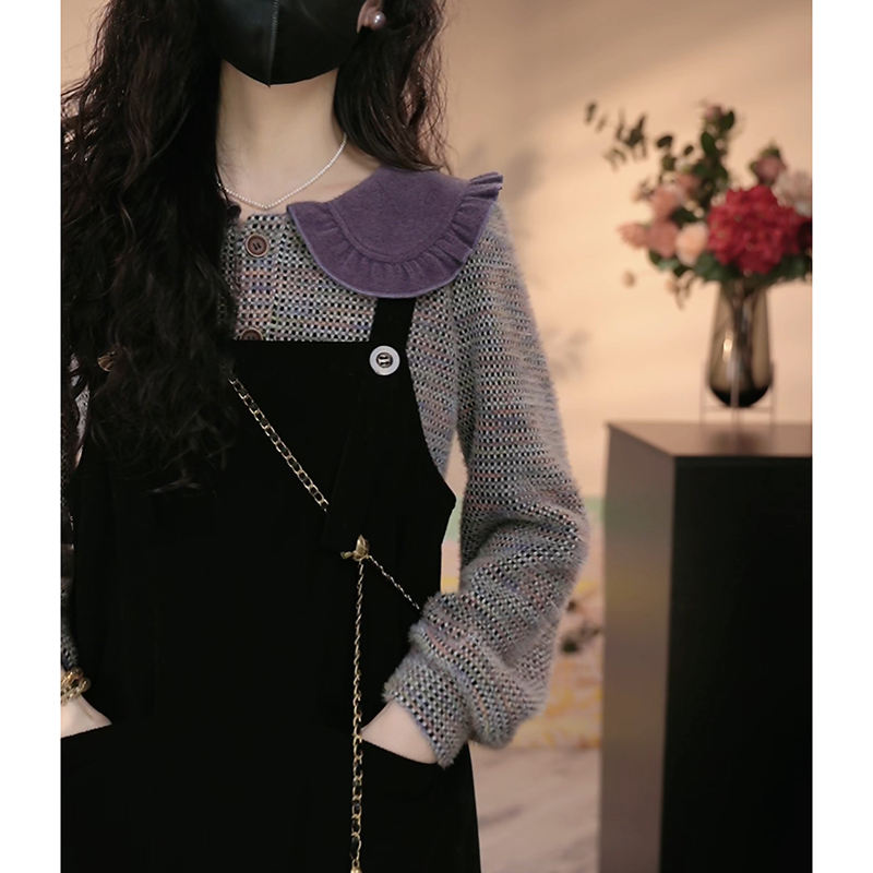 秋冬紫色加厚可外穿打底衫保暖上衣搭配灯芯绒背带裙宽松套装