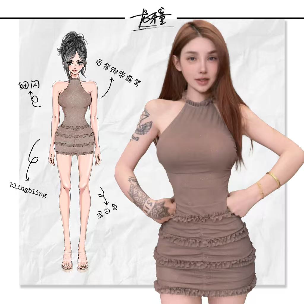 龙牙童推荐【古希腊】显瘦辣妹性感夏季显白修身挂脖褶皱露背细闪