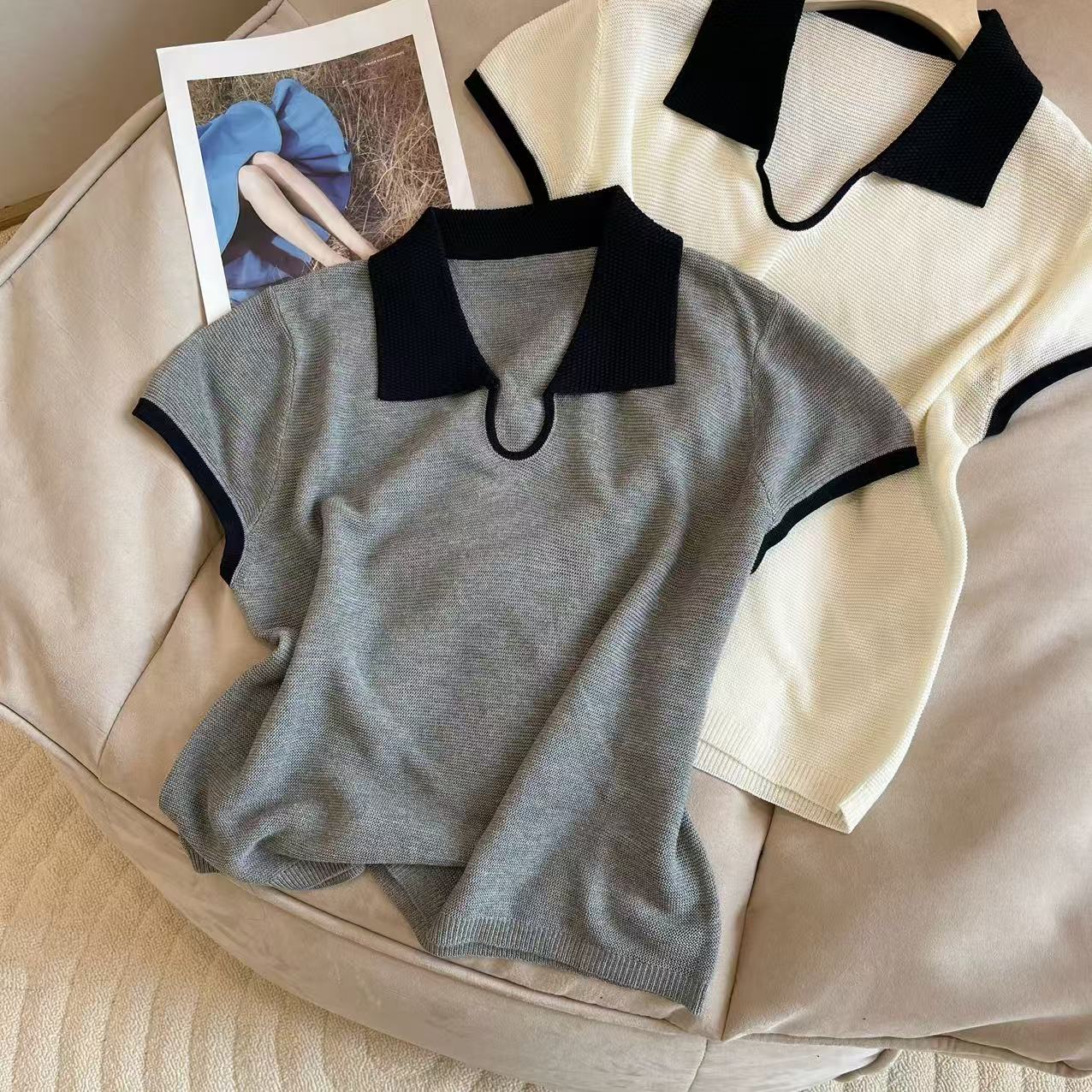  夏季简约撞色翻领气质针织短袖小众韩版百搭超好看polo衫上衣服