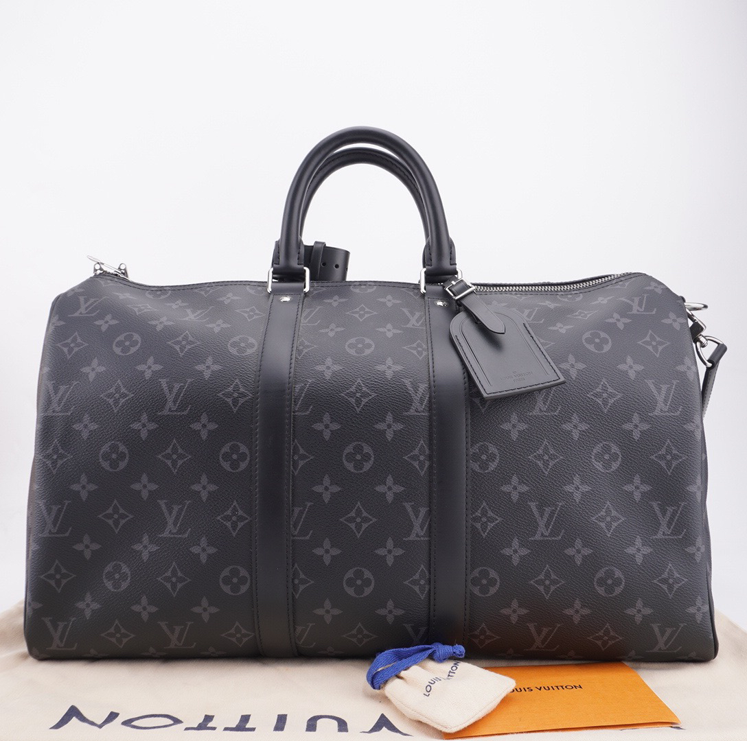 99新 LV keepall45黑老花旅行包有肩带登机牌锁钥匙手柄扣 F346