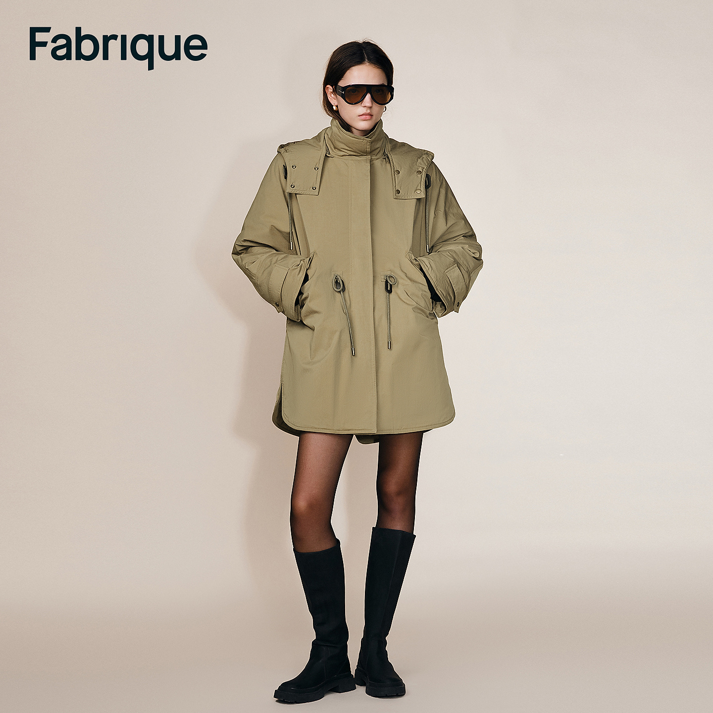 Fabrique Casey 苔绿色棉混纺鸭绒连帽抽绳中长款派克羽绒服