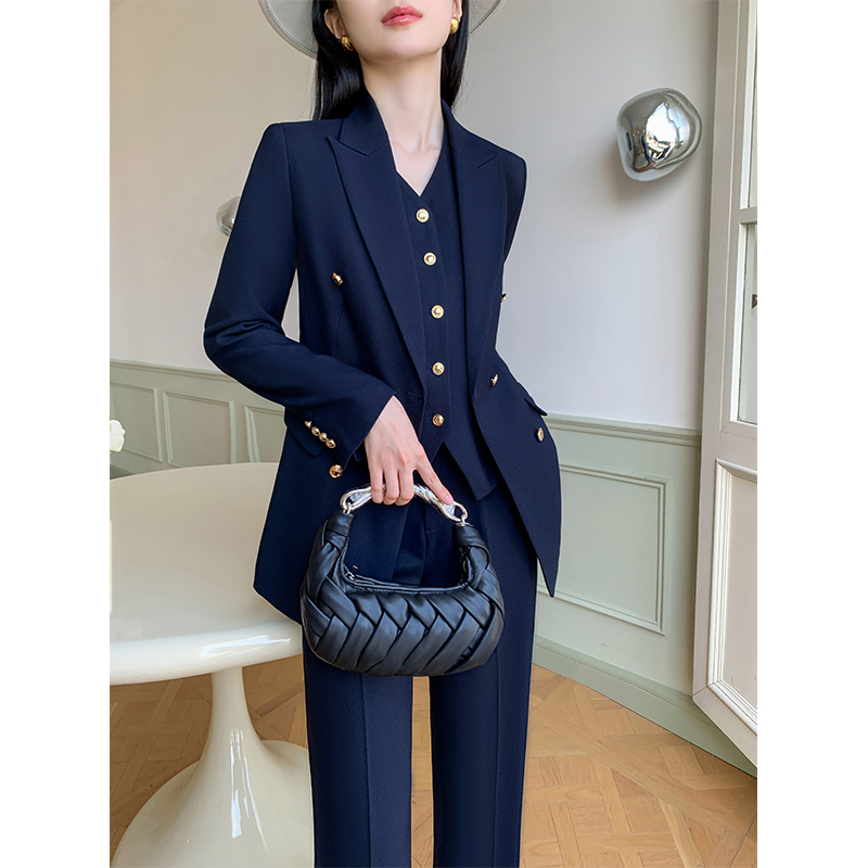 高端气质显瘦西装套装女士时尚通勤双排扣西服阔腿裤经理商务外套