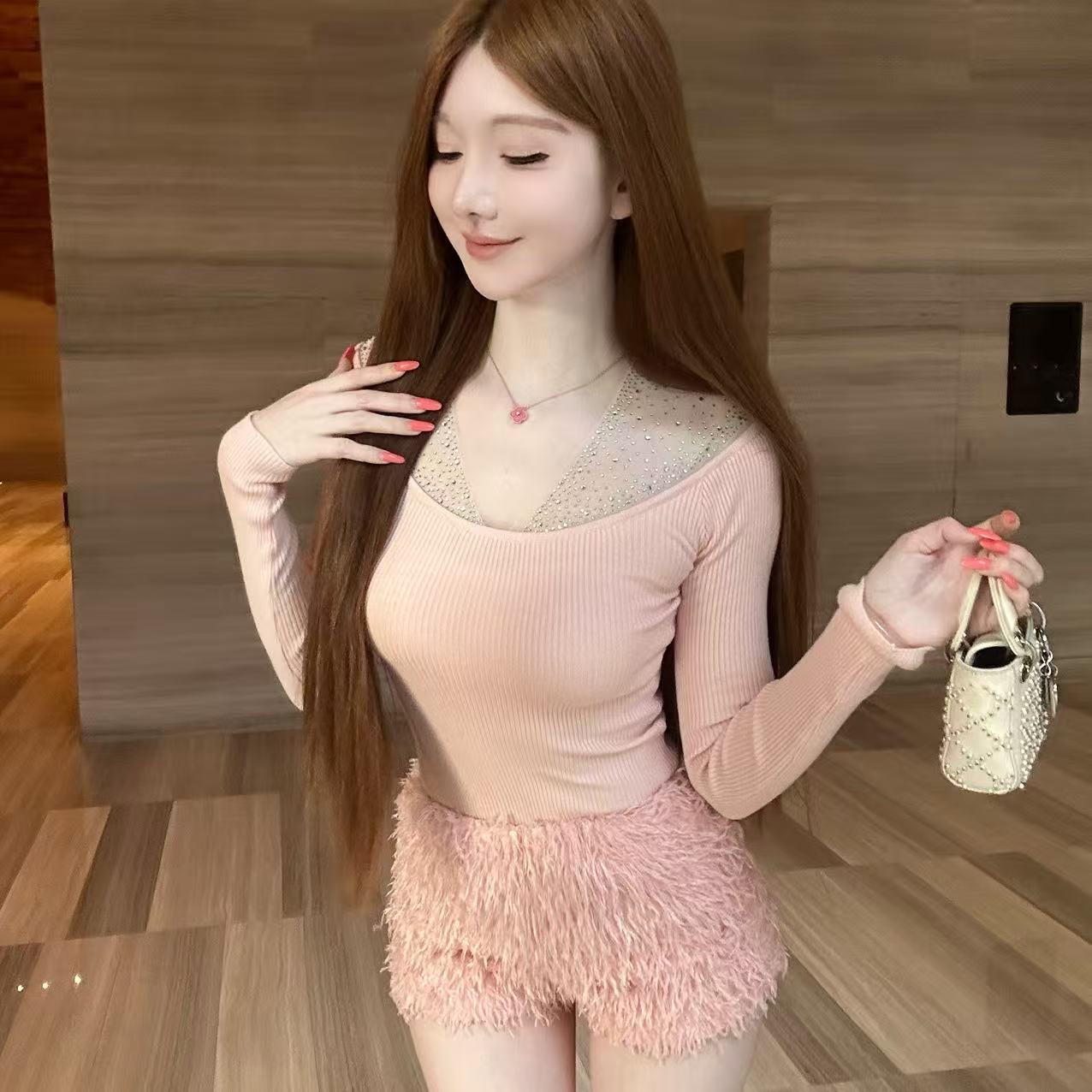 舟舟jojo【日暮星河】烫钻拼接针织上衣