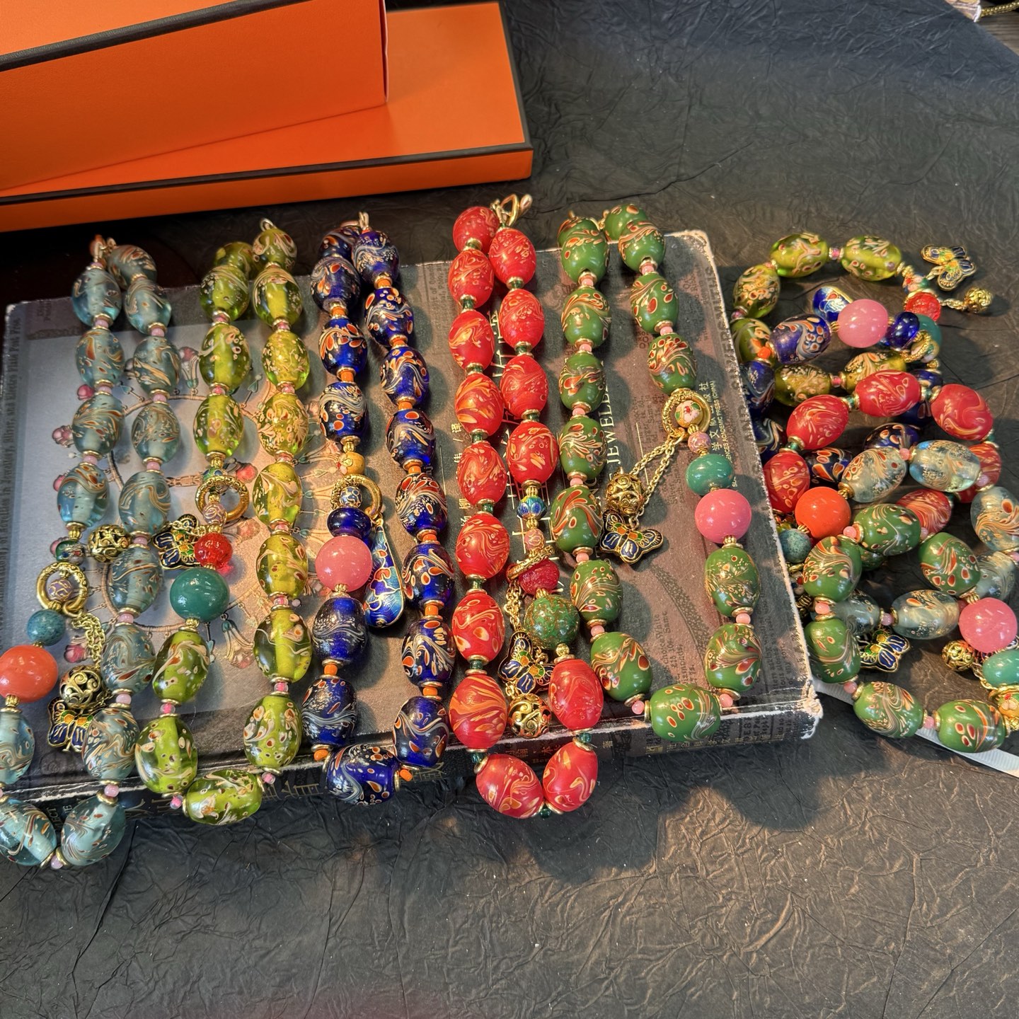 铜合金琉璃项链 项链老琉璃凤尾手工可爱绿色复古编织古风彩色