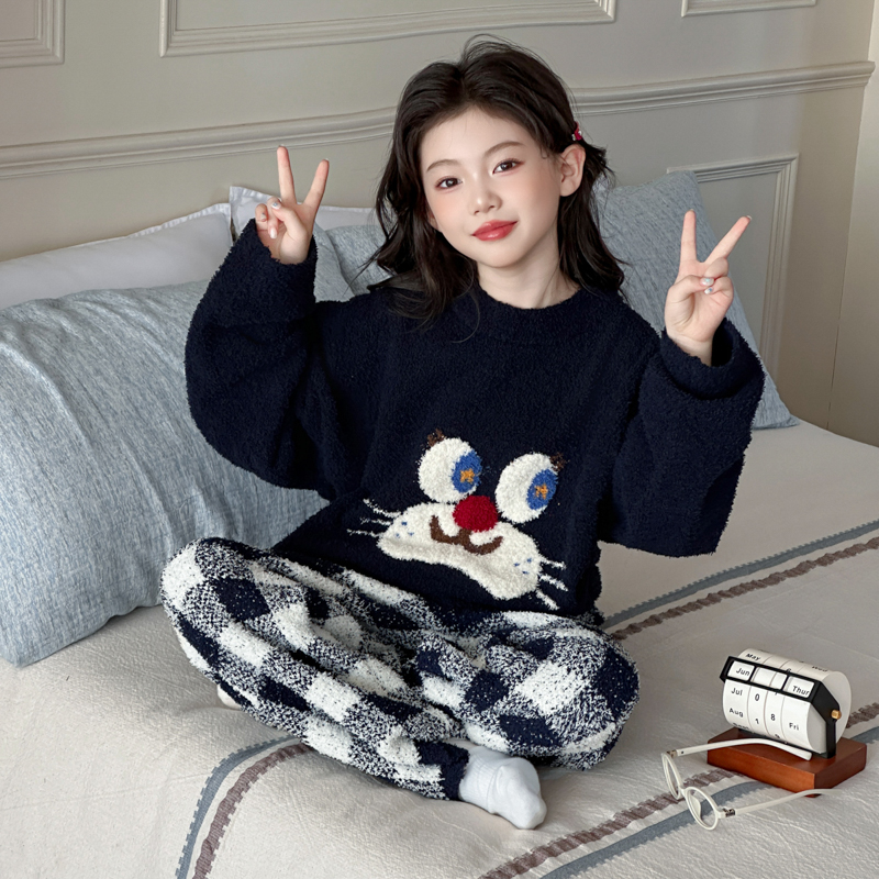 女童睡衣冬季新款儿童半边绒家居服套装女大童加绒加厚保暖两件套