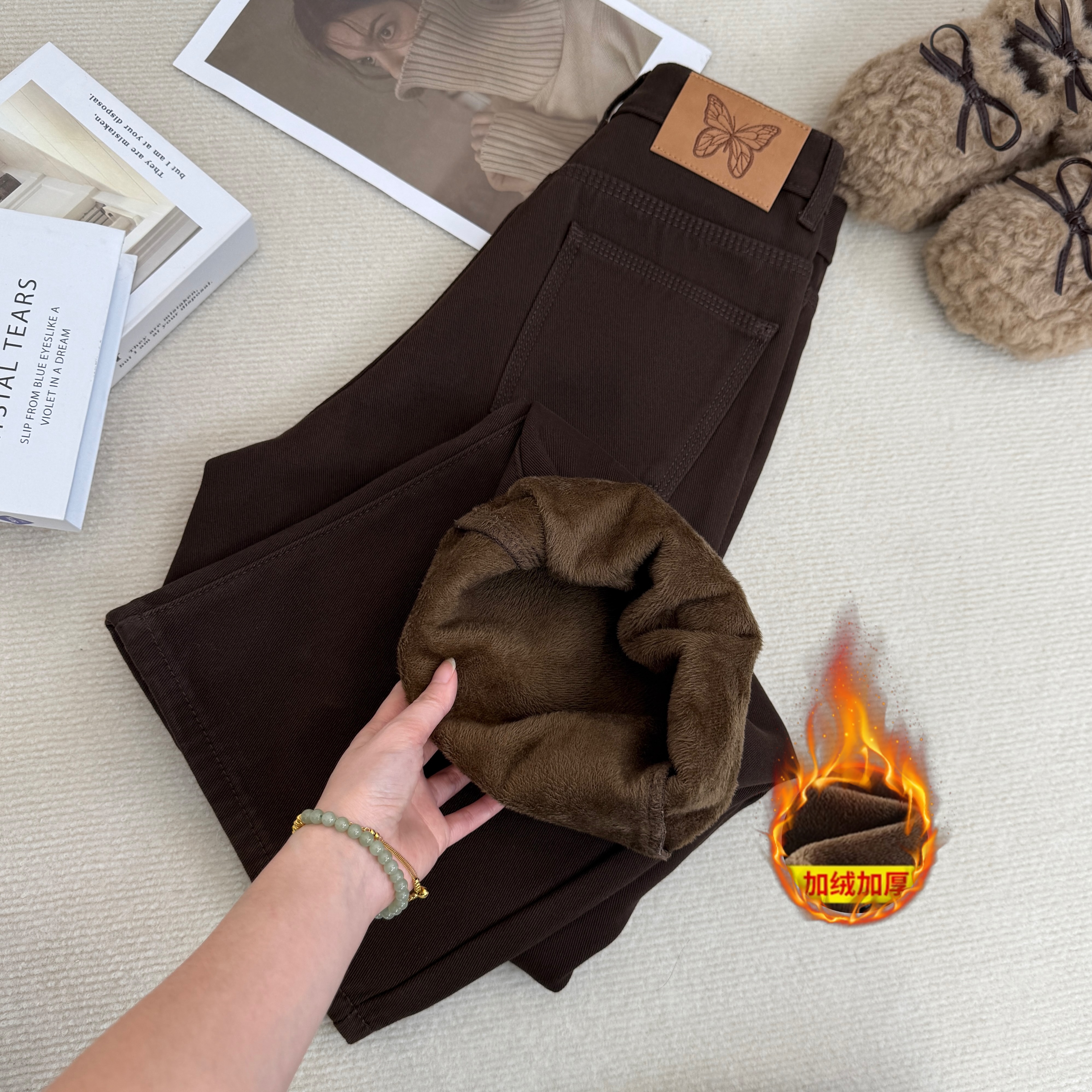 加绒板栗咖阔腿牛仔裤女2025秋冬新款高腰显瘦垂感宽松直筒拖地裤