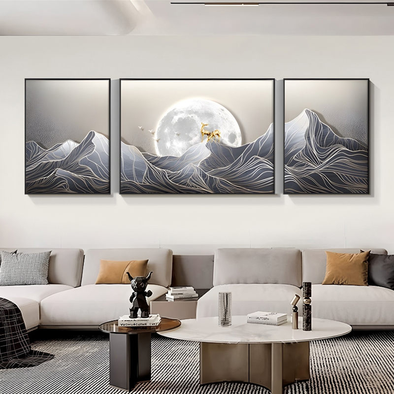 日照金山客厅装饰画简约抽象大气沙发背景墙挂画高级感金色三联画