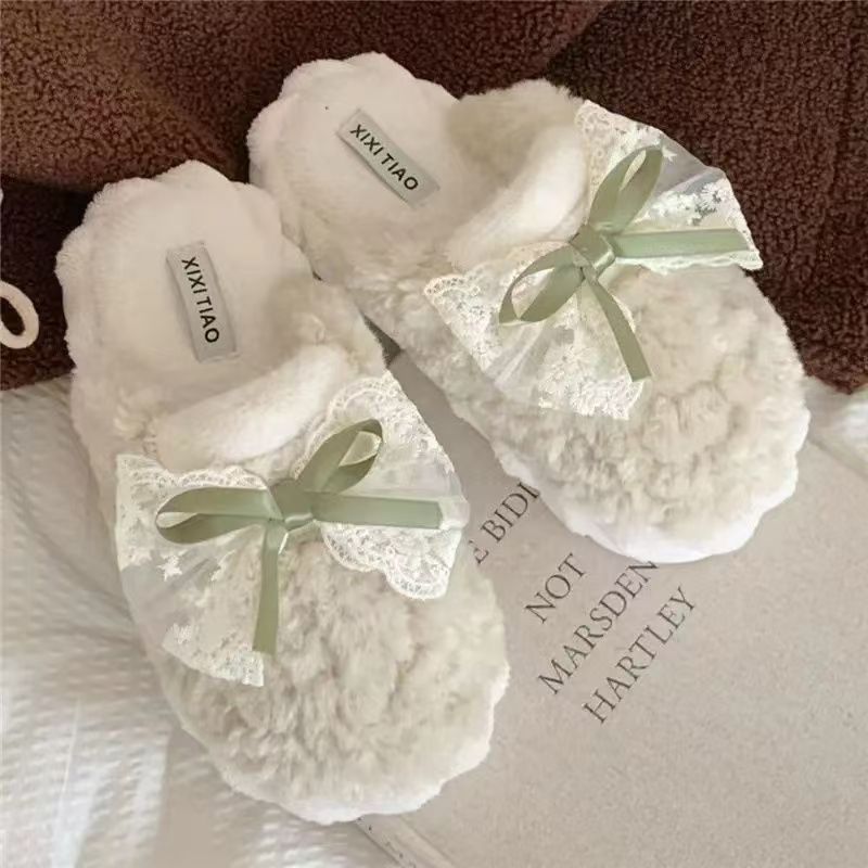 可爱网红冬季蝴蝶结棉拖鞋女款学生版蝴蝶结厚底防滑保暖居家保暖