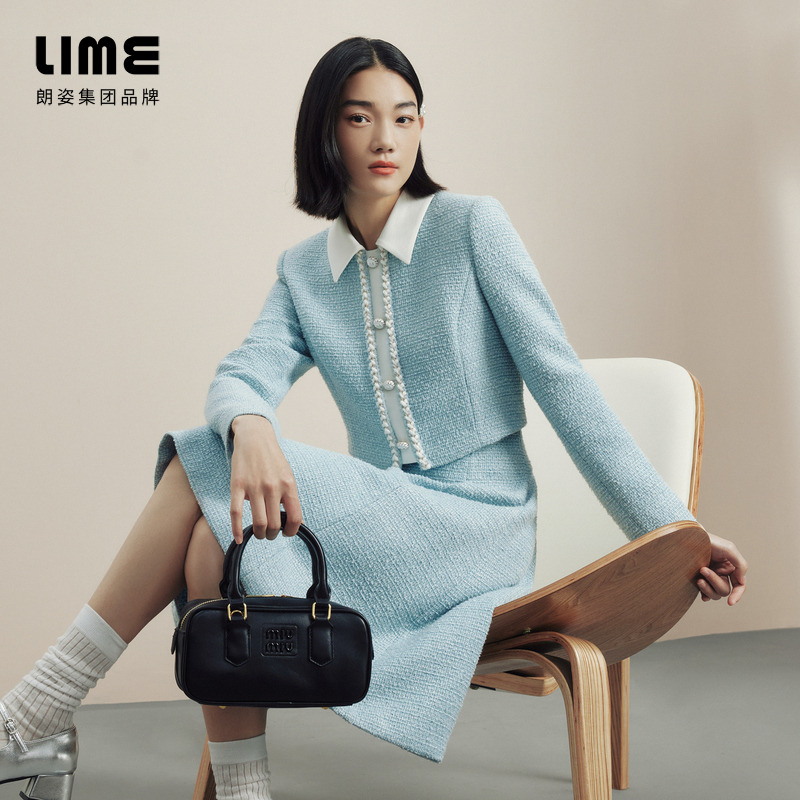LIME/莱茵【优雅新序】冬季法式名媛梭织连衣裙雾蓝色LMFD9AWOP003