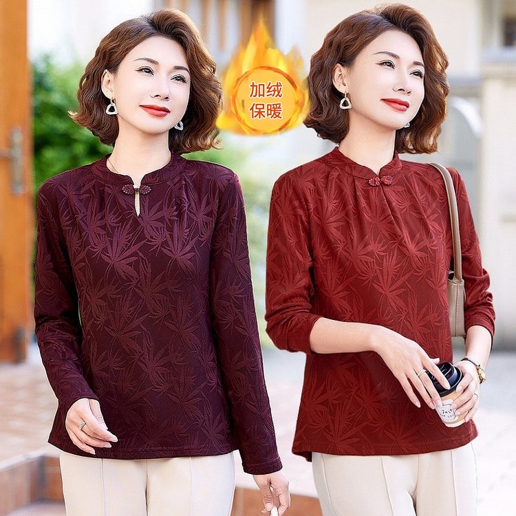 长袖圆领常规印花常规款T恤复古加绒保暖女士春秋装宫廷风显瘦