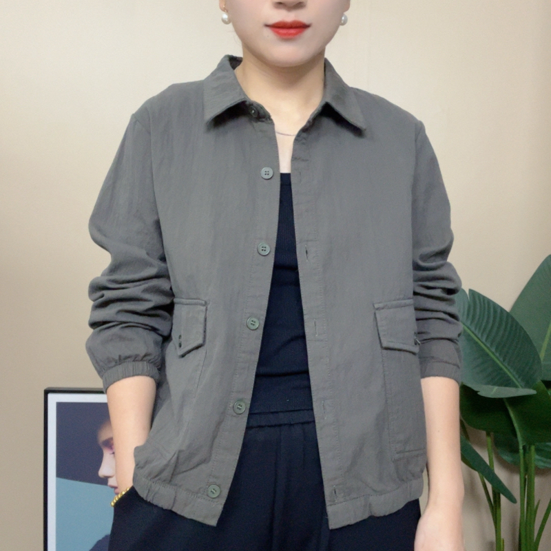2025新款妈妈款水洗棉开衫宽松夹克春秋翻领休闲女外套春秋装