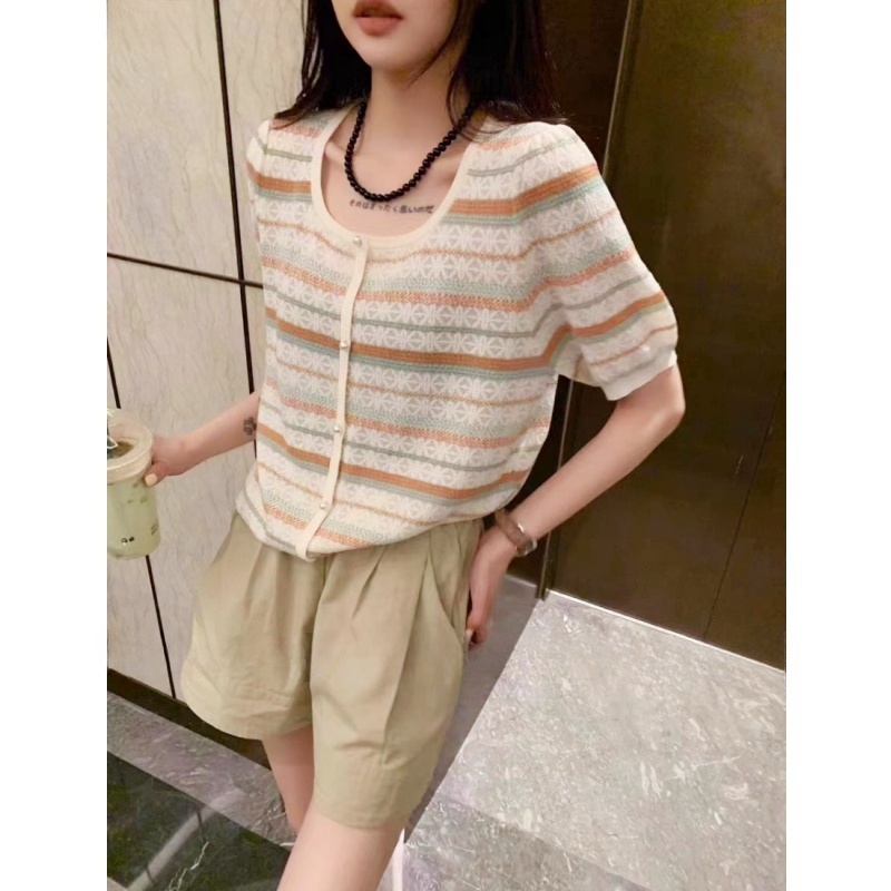 韩系U领针织条纹简约民族风针织衫短袖珍珠纽扣