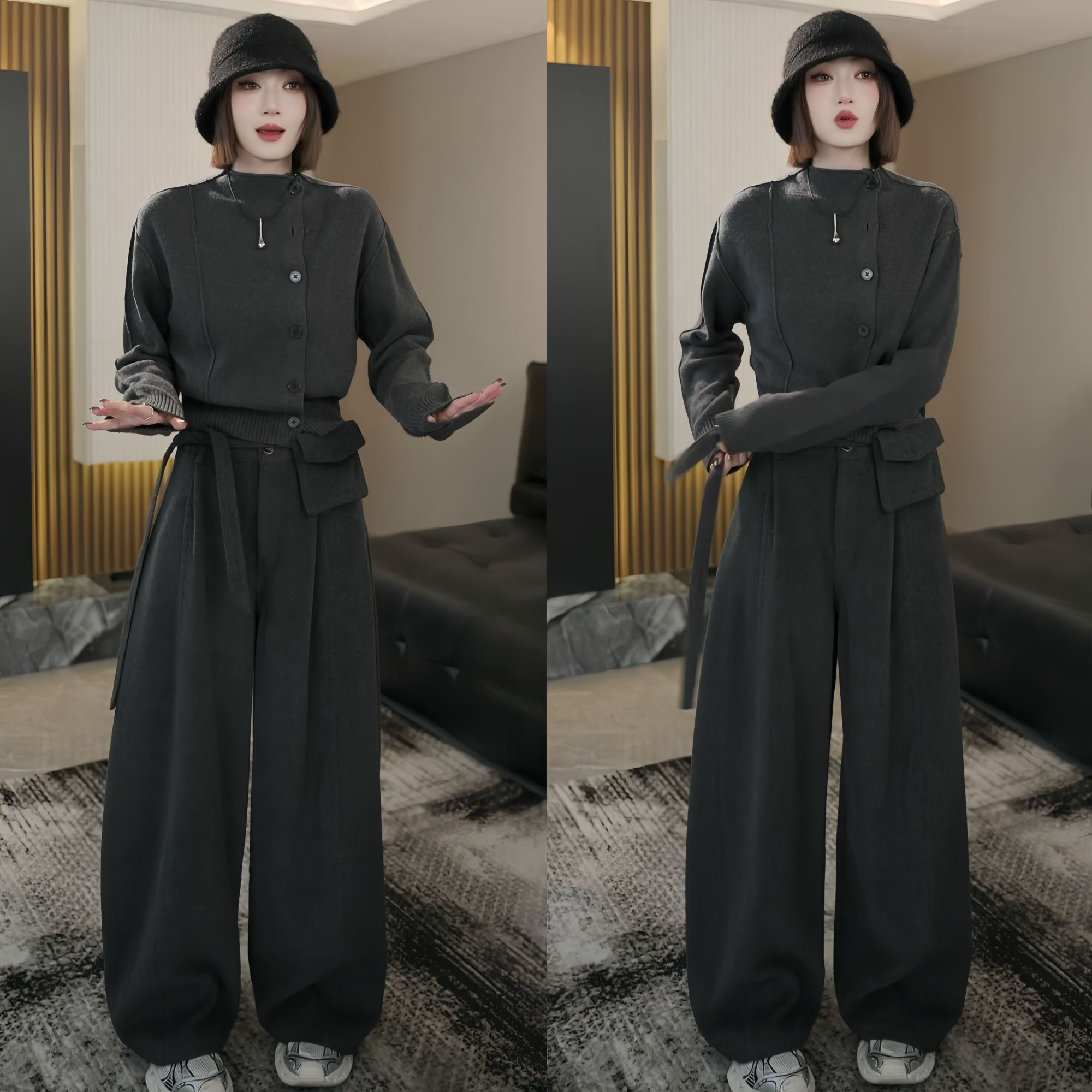 2025秋季新款高级感轻熟风洋气不规则开衫毛衣高腰显瘦阔腿裤套装