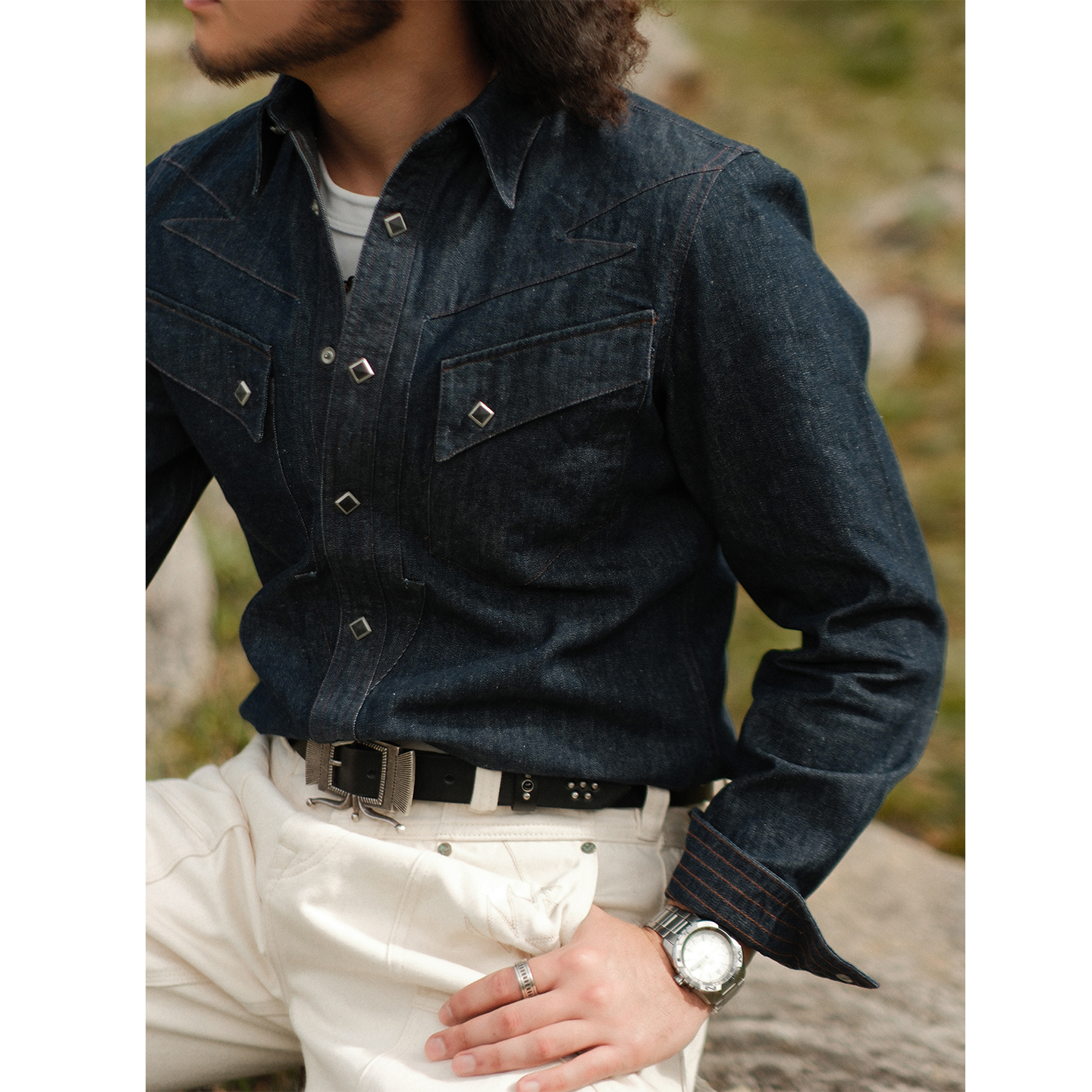 西部系列9.8OZ基础养牛洗水靛蓝丹宁牛仔西部衬衫MBBCAR窄幅