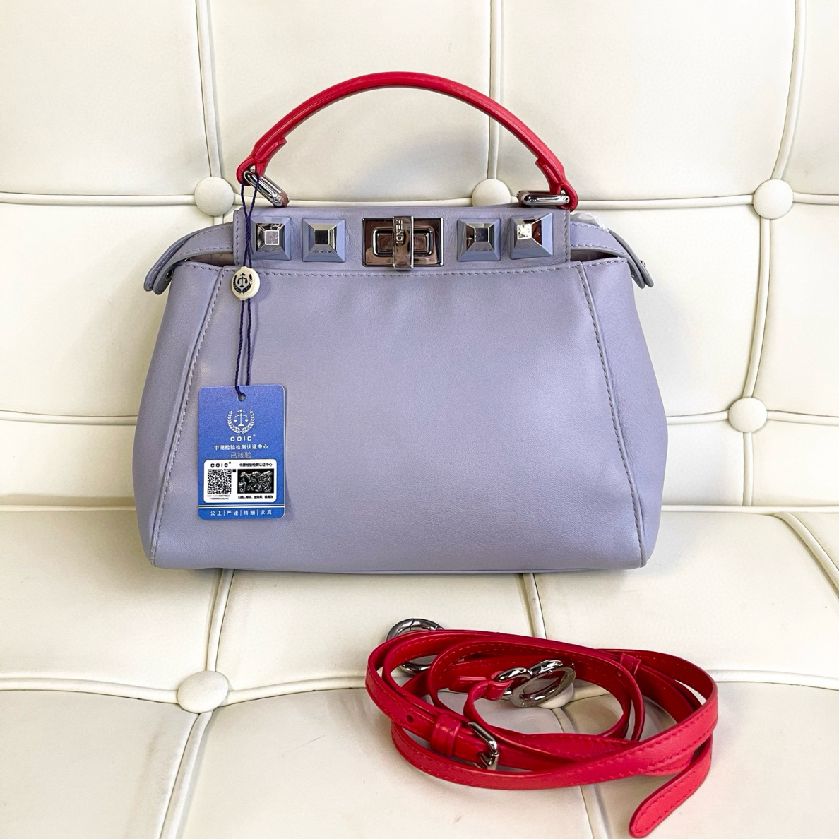 95新 FENDI/芬迪 120221 芬迪peekaboo灰蓝拼红色斜挎包