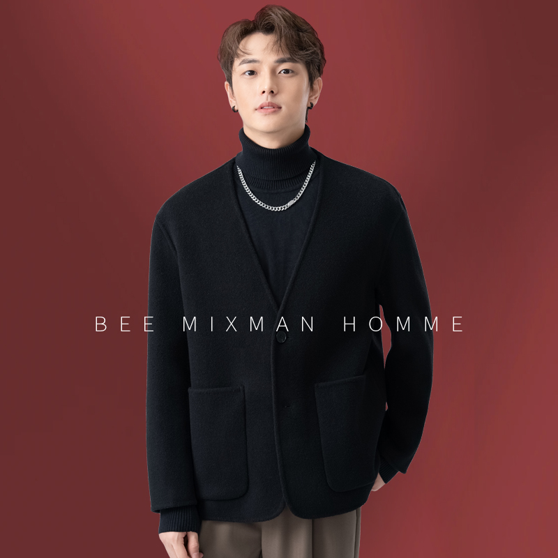 个性无领双面呢夹克外套男西服羊毛呢子短款毛呢大衣男士日系外套