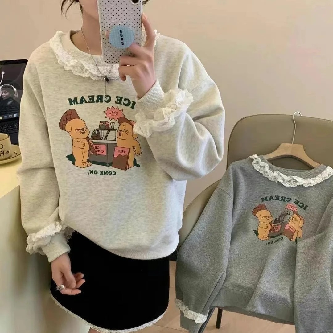 蕾丝花边拼接卫衣女秋季2025新款爆款巨好看洋气减龄上衣