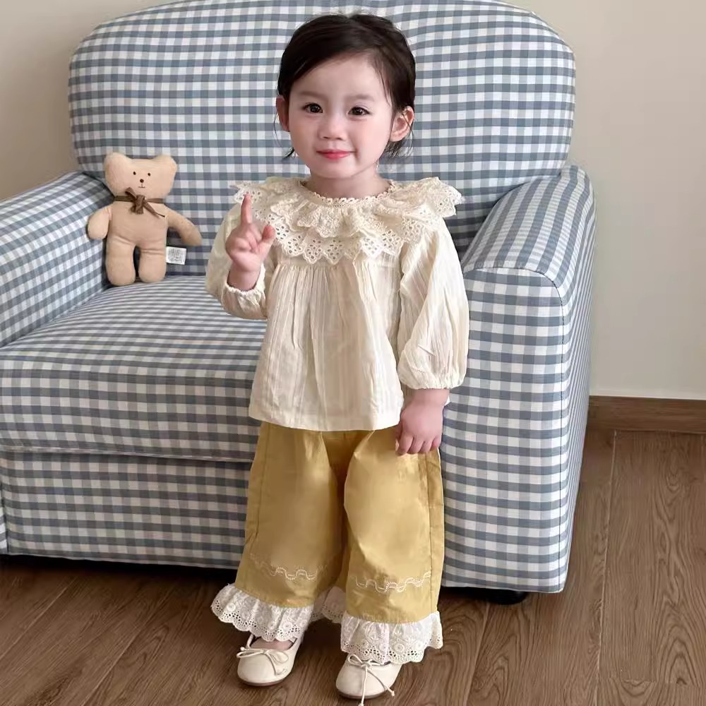 女童套装韩版春装婴幼儿宝宝花边领长袖衬衫上衣宽松阔腿裤两件套