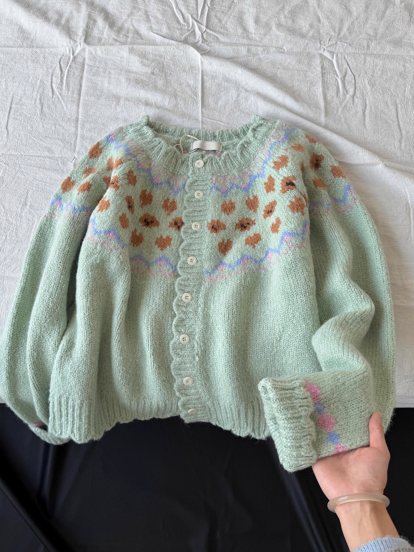 敲级推荐！温柔花边针织开衫女秋冬季新款费尔岛宽松软糯毛衣外套