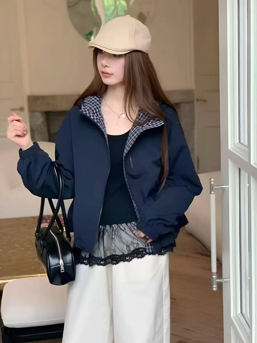 【娜姐家】6735#秋款韩版拼接格子连帽休闲外套
