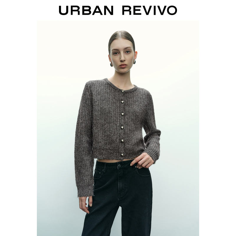 UR2024秋冬新款女时尚休闲百搭金属扣圆领针织开衫UWG930077