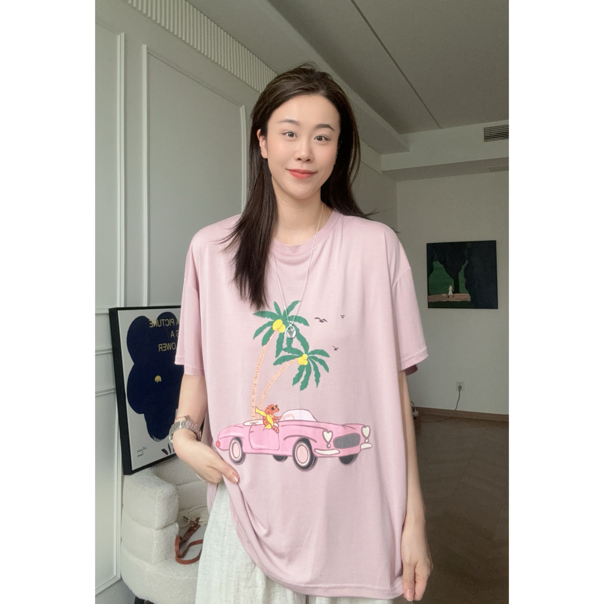 美亚恩NANA【一椰豹富】大版铜氨丝印花T恤圆领短袖！超凉快！C0316