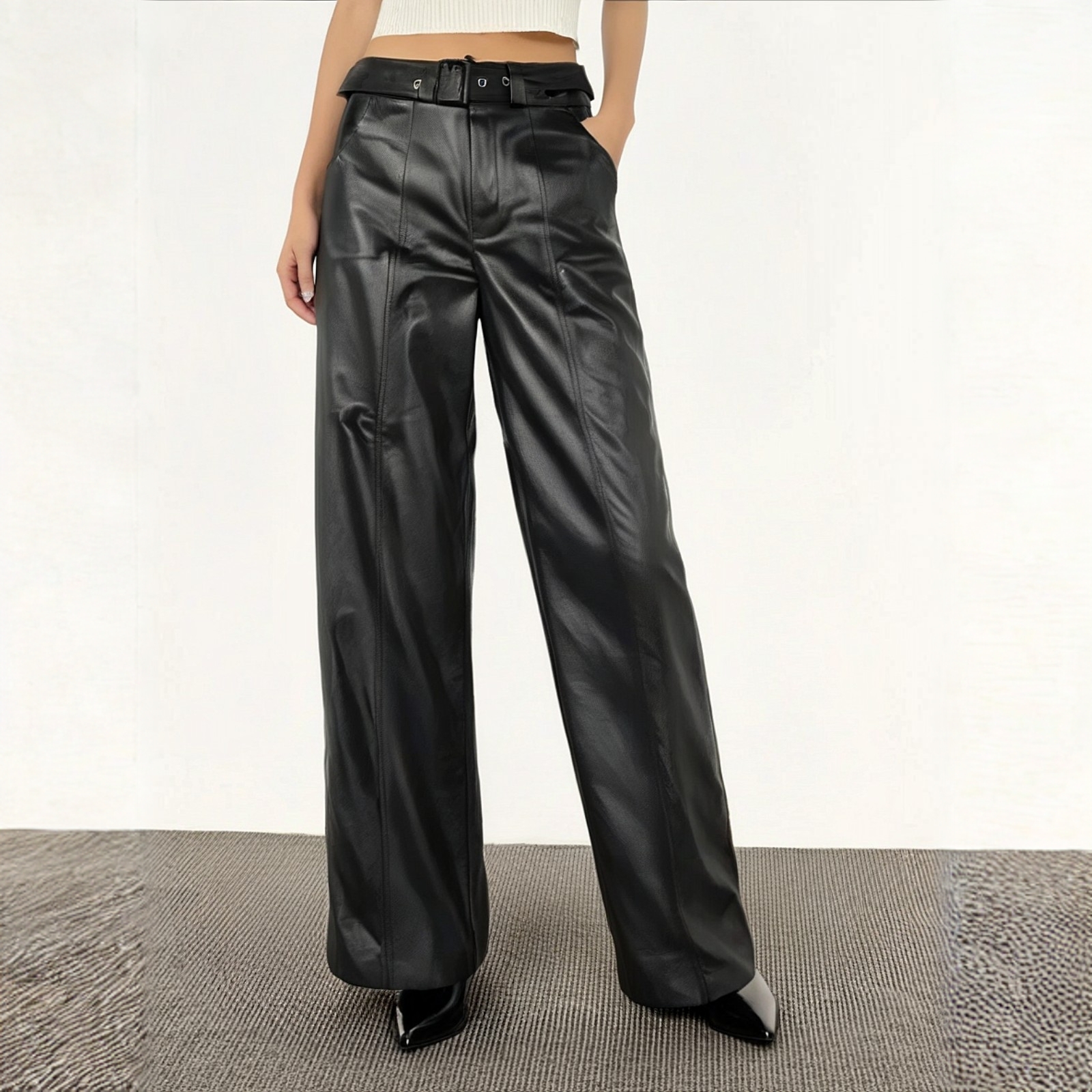 时尚高腰长款阔腿裤【胎牛皮】